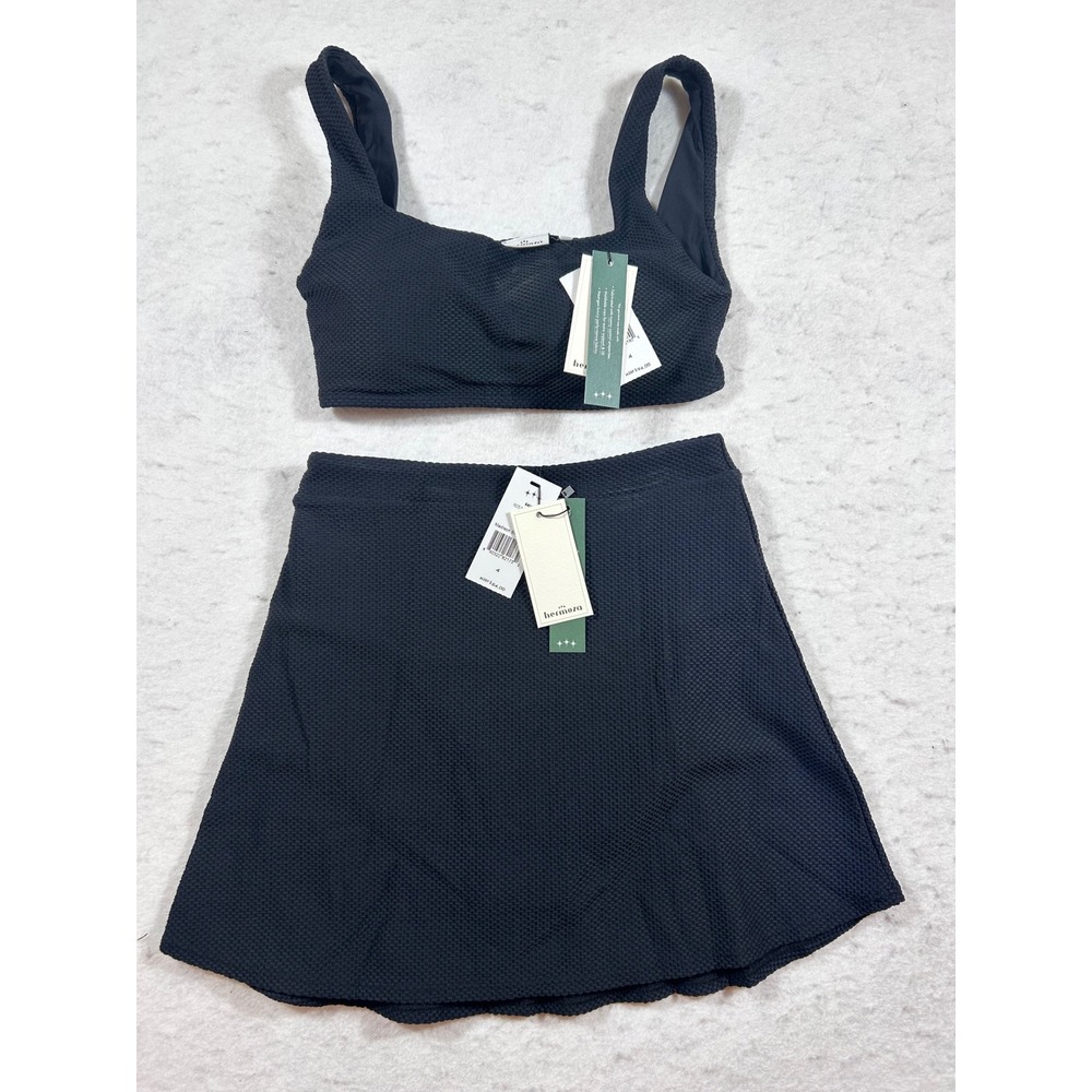 Hermoza Black Textured Two Piece Swimsuit Set Madison Skirt Square Neck Top 4